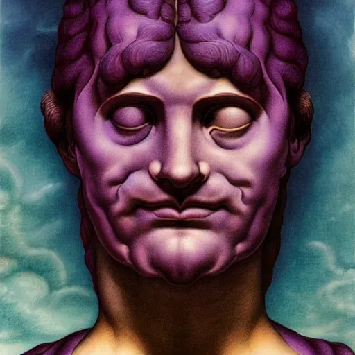 Image similar to washed - out outrun, tyrian purple by evelyn de morgan. a beautiful installation art of a giant head. the head is bald & has a big nose. the eyes are wide open & have a crazy look. the mouth is open & has sharp teeth. the neck is long & thin.