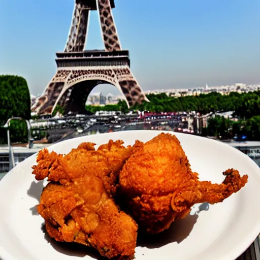 Prompt: fried chicken on top of the eiffel tower