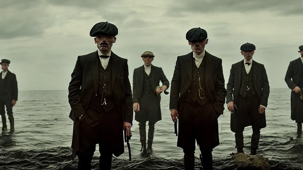 Image similar to the peaky blinders with fish heads coming out of the ocean film still from the movie directed by denis villeneuve with art direction by zdzis