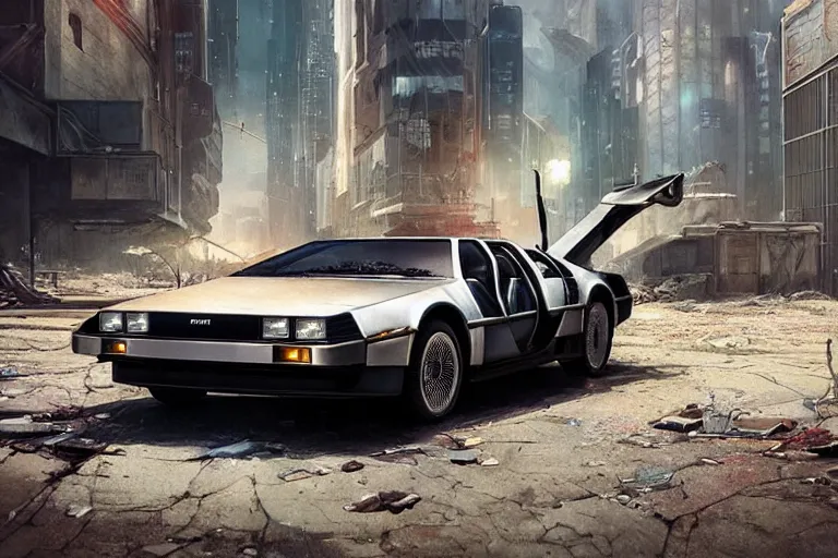 Image similar to highly detailed photorealistic rendering of a delorean parked on the streets of a cyberpunk abandoned city with the door open, futuristic post - apocalyptic vibe, by greg rutkowski and stanley artgerm and alphonse mucha, octane, sharp focus, hyperrealistic, unreal engine 5, vray, masterpiece