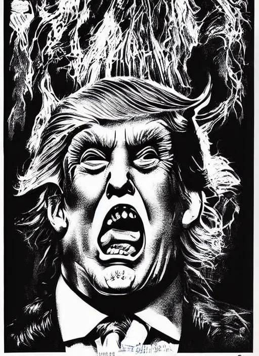 Image similar to Donald Trump's monstrous true form on a 1990s horror movie poster, inking, vintage 90s print, detailed, scary, horror, screen print, trending on artstation