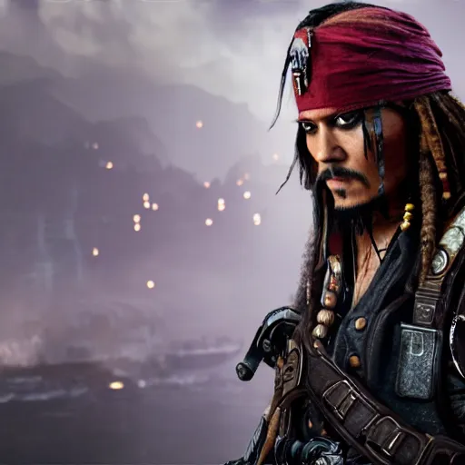 Image similar to captain jack sparrow in gears of war, splash art, movie still, cinematic lighting, dramatic, octane render, long lens, shallow depth of field, bokeh, anamorphic lens flare, 8 k, hyper detailed, 3 5 mm film grain