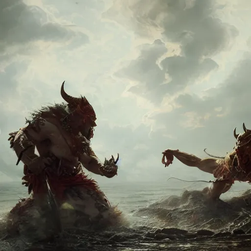 Image similar to an epic battle between the devil and god, volumetric lighting, 8 k octane beautifully detailed render, post - processing, extremely hyper - detailed, intricate, epic composition, cinematic lighting, masterpiece, trending on artstation, detailed detailed detailed, masterpiece, stunning art by anders zorn, wonderful masterpiece by greg rutkowski, beautiful cinematic light,