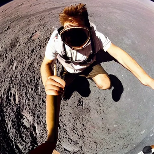 Image similar to robert downey jr eating a delicious hot dog on the surface of the moon, taken with a selfie stick, fisheye lens