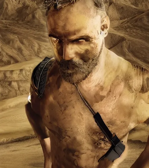 Prompt: scene of muscular, tired and alcoholic 3 0 - year - old grieving man with short darkblonde hair, serious sad look in his eyes, looking down, dirty beard, blue eyes, jumping from plane, wearing dirty soldier uniform, on the desert, sad atmosphere, hyper realistic face, character art, art by mark brooks, cryengine, trending on artstation, digital art