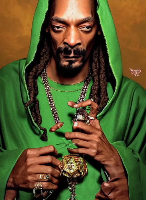 Image similar to snoop dogg as a wizard, short beard, grumpy, intricate green robes with purple accents, Ivan Aivakovsky, Boris Vallejo, epic fantasy character art, D&D Concept Art, full length, Realistic, Regal, Refined, Detailed Digital Art, Oil Paining, Exquisite detail, post-processing, masterpiece, Cinematic Lighting, Unreal Engine, 8k, HD, Stanley Artgerm Lau, WLOP, Rossdraws, Frank Frazetta, Andrei Riabovitchev, Marc Simonetti, trending on artstation,