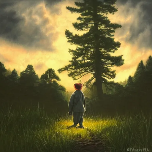 Prompt: high - angle view, shot from 5 0 feet distance, baby yoda on a well lit path in a dimly lit forest. dramatic clouds, setting sun. oil on canvas, digital art, light, shadow, contrast, detailed, depth, volume, chiaroscuro, drama, quiet intensity, realism