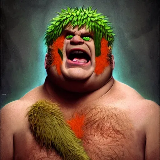 Image similar to chris farley with green skin and orange body hair as blanka from street fighter, squatting and screaming, ultra realistic, concept art, intricate details, eerie, highly detailed, photorealistic, octane render, 8 k, unreal engine. art by artgerm and greg rutkowski and magali villeneuve and alphonse mucha
