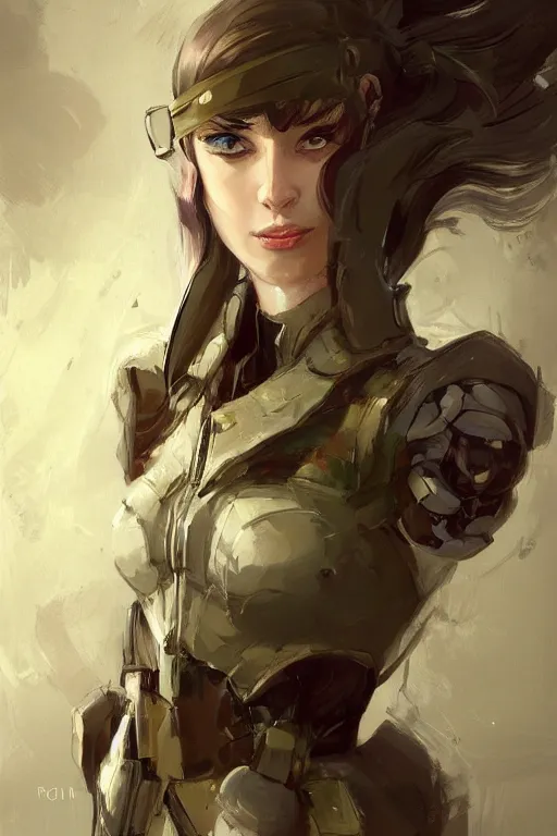 Image similar to a professionally painted portrait of an attractive young woman, clothed in military armor, olive skin, long dark hair, beautiful bone structure, symmetrical facial features, intricate, elegant, digital painting, trending on Artstation, concept art, smooth, sharp focus, illustration, from Metal Gear by Ruan Jia and Mandy Jurgens and Artgerm and William-Adolphe Bouguerea, award winning