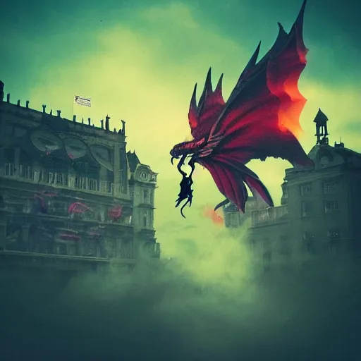 Image similar to dimly lit smoke, muted multi-color lapis, muted neon smoke, smoke with vague feathered outline of fierce flying dragons with large vague outstretched wings, sun shaft, large city park, photographic, stunning, inspiring, super high energy, swift, fast, fleeting