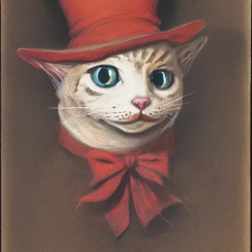 Prompt: mike myers as the cat in the hat painted by brian froud, side - lit, sepia - toned