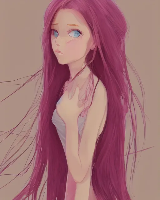 Image similar to a portrait of a young woman with very long pink hair undulating on the wind, light brown eyes, slightly chubby, pale skin, pretty, cute, by ghibli, trending on artstation