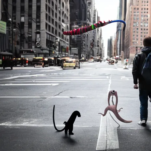 Prompt: a man walking his pet dinosaur on the streets of new york, photography, movie still, dslr 5 5 mm, 4 k