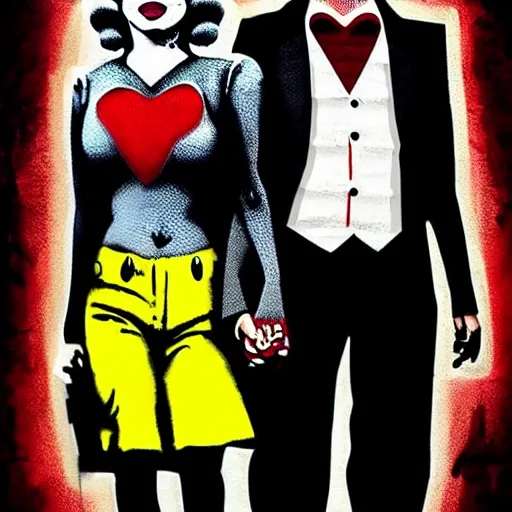 Image similar to mimmo rottela and banksy as joaquin phoenix skinny joker holding hand lady gaga harley queen, ultra realistic, intricate details, pop art style, concept art, 3 colors, 4 k, smooth, sharp focus