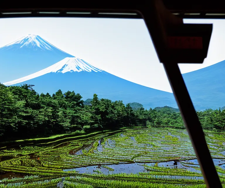 Image similar to a photo of mount fuji, japanese landscape, rice paddies, beautiful sky, seen from a window of a train.