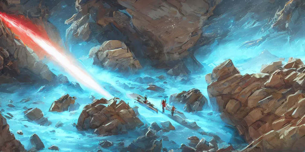 Prompt: marketing game illustration, a space craft run into the rocks canyon very fast in the style of Blizzard