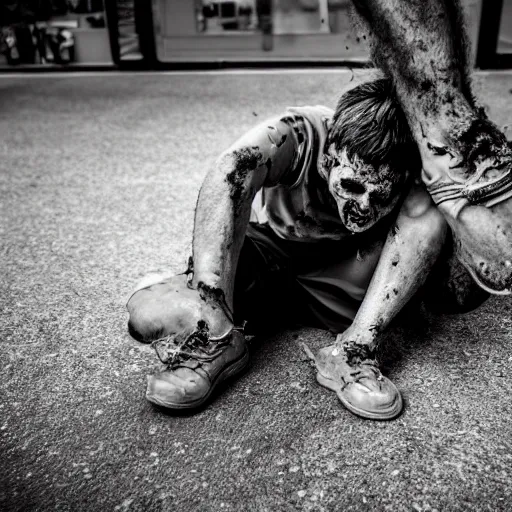 Image similar to 5 5 mm portrait photo of a zombie eating his own leg, 4 k photo, dramatic lighting, dslr, canon m 5 0, close up portrait