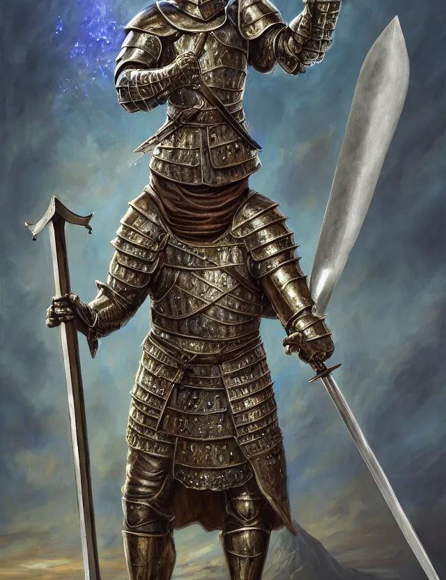 Image similar to anthropomorphic bipedal frog that is dressed as a medieval knight, and holding a colossal sword, as a matte oil painting, d & d character reveal, by alex grey, standing, fullbody, ornate, gems, ectoplasm, knickknacks, mystic, concept art, award - winning, extremely detailed, sharp focus