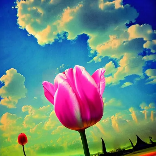 Image similar to flying tulip fortress, fantasy art, sky in the background, detailed, behrens style