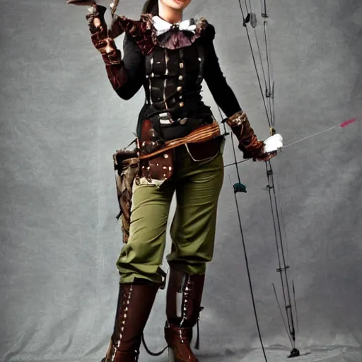 Prompt: full body photo of a steampunk female archer