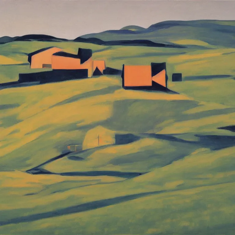 Prompt: dreaming futuristic rural landscape with modern houses, painted by Alex Katz, painted by Edward Hopper, airbrush