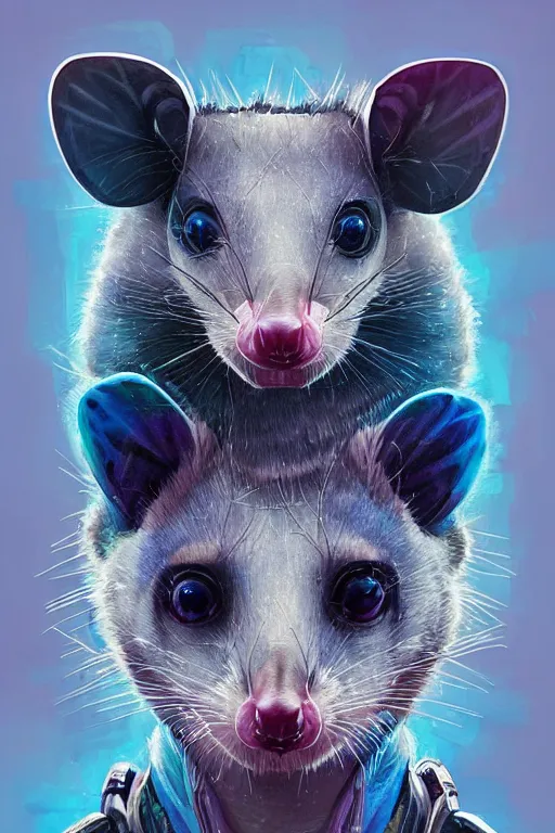 Image similar to a beautiful portrait of a cute cyberpunk opossum by sandra chevrier and greg rutkowski and wlop, purple blue color scheme, high key lighting, volumetric light, digital art, highly detailed, fine detail, intricate, ornate, complex, octane render, unreal engine, photorealistic