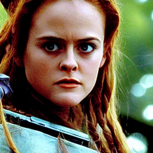 Image similar to close - up movie still of cute young alicia silverstone as bounty hunter mara jade on the forested mountain planet wayland in star wars episode vii : heir to the empire ; bare arms