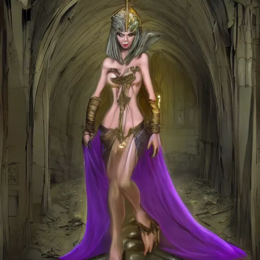 Prompt: Pale Sorceress with long dark hair walking within an abandoned and decayed medieval temple. She wears a purple dress adorned in jewelry flashing gold, trending on artstation, dark fantasy