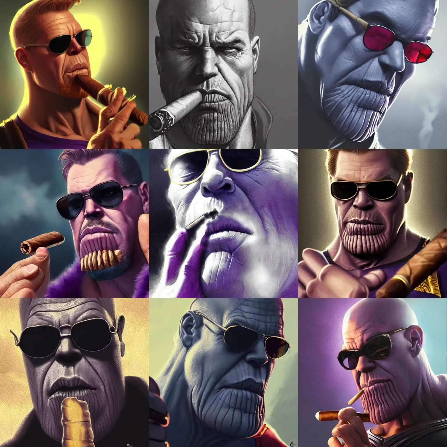 Prompt: thanos smoking a cigar,wearing sunglasses,digital art,ultra realistic,ultra detailed,art by greg rutkowski,dramatic,cinematic lighting,gray background,detailed face