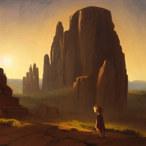 Image similar to a young girl stands next to a stone colossus, in front of a temple, in a large desert cave, dramatic lighting, hudson river school