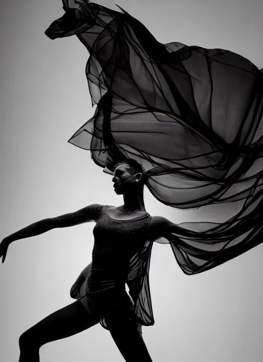 Image similar to a photorealistic dramatic hyperrealistic render of a glamorous beautiful female dancer by ken brower and deborah ory of nyc dance project, lois greenfield, flowing cloth and smoke, beautiful dynamic dramatic dark moody lighting, beautiful face volumetric, shadows, artgerm, cinematic atmosphere, octane render, 8 k