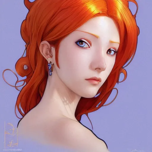 Image similar to intricately detailed vfx portrait of swedish nami from one piece by eiichiro oda, makoto shinkai, alphonse mucha, art by artgerm and greg rutkowski, best of behance, concept art, matte, sharp focus, orange hair, elegant, adolphe bouguereau, annie leibovitz, stanley kubrick, hdr,