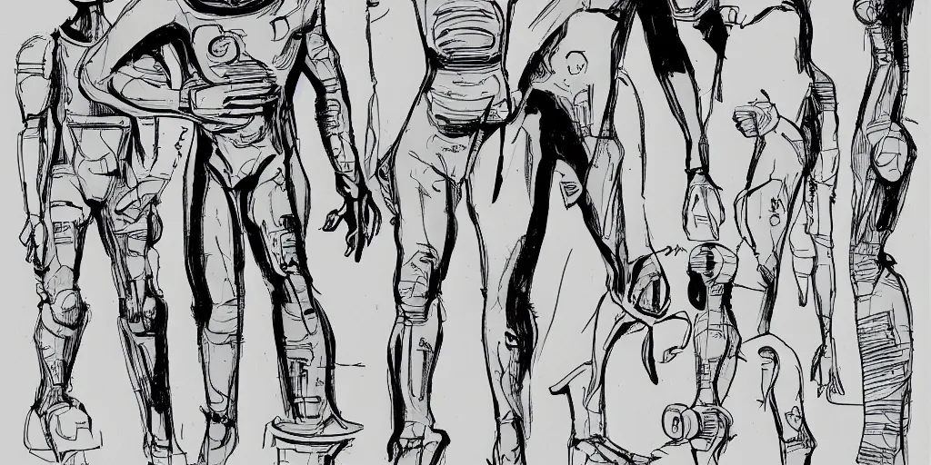 Image similar to male, elongated figure, space suit, sketch, large shoulders, short torso, long thin legs, tiny feet, character sheet, very stylized, illustration, pen and ink, by mike mignola