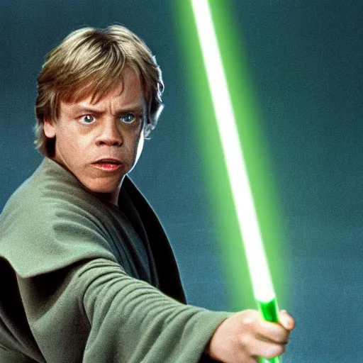 Image similar to a still from a film featuring mark hamill as jedi master luke skywalker, holding a green lightsaber by the hilt, looking scared, 3 5 mm, directed by steven spielberg, 1 9 9 4