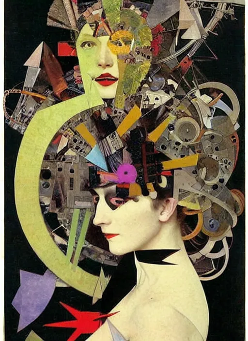 Image similar to cute punk goth fashion fractal alien martian girl with a television head wearing kimono made of circuits and leds, surreal Dada collage by Man Ray Kurt Schwitters Hannah Höch Alphonse Mucha