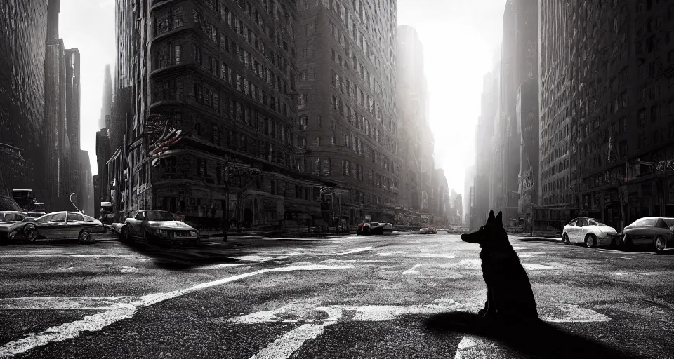 Image similar to the german shepherd of i am legend in new york, graphic novel style, octane render, unreal engine, sundown, empty streets