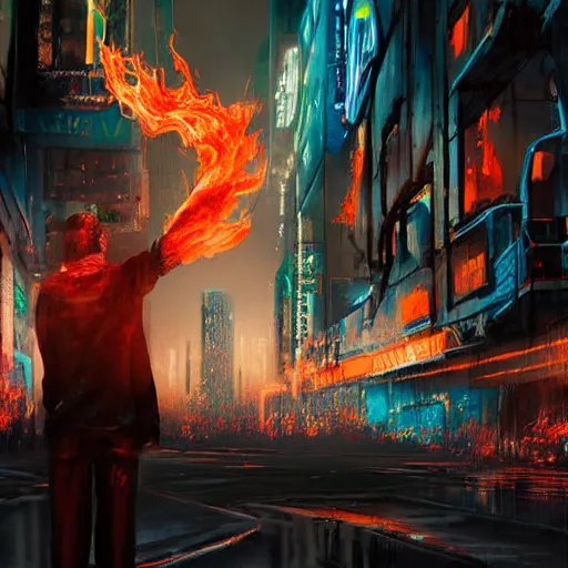 Image similar to young man from behind with flames coming out of hands flying in a cyberpunk city, very detailed, realistic, symmetrical face, art by digital painting,