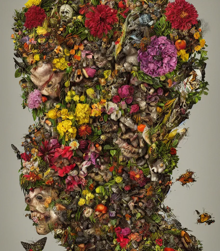 Prompt: portrait of a punk rock cenobite made out of flowers, fruit and insects in the style of arcimboldo and hieronymous bosch, botanical environment, baroque, surreal, high quality octane render, artstation, highly detailed