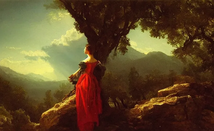 Image similar to a painting of a woman!! aristocrat overlooking a deep valley!! style of Albert Bierstadt, high details, moody lighting, atmospheric