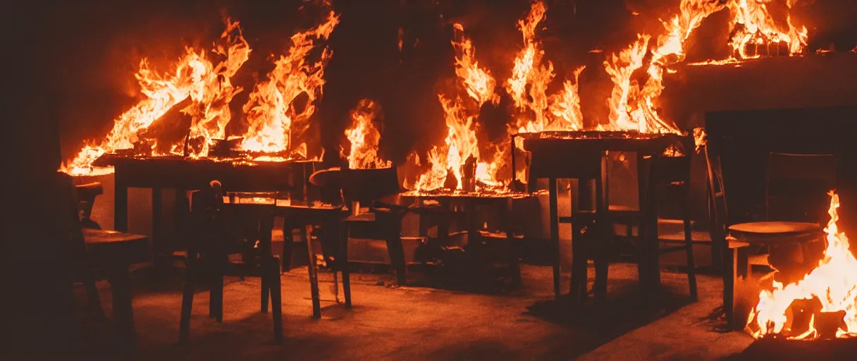 Image similar to a photograph of a big fire on a dining room on fire, only remains a wooden table and a chair (no fire at all there), an human-like relaxed dog sitting at this table, ☕ on the table, surrounded by flames, a lot of flames behind the dog, black smoke instead of the ceiling, no watermark