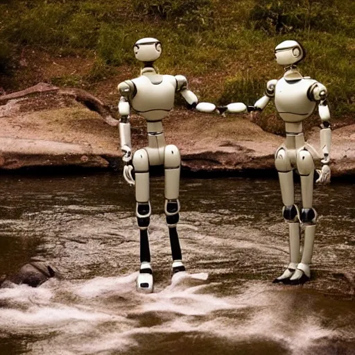 Prompt: Beautiful cinematic scene of a couple of two damaged and broken humanoid robots holding hands near a river, at night, peaceful, science fiction, cinematic lighting, insanely detailed, directed by Denis Villeneuve and Wes Anderson, cinestill 800t