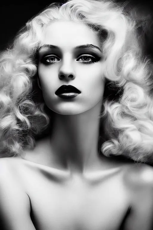 Prompt: stunning award - winning portrait by peter lindbergh of a beautiful young feminine blonde woman. close up black and white shot. vintage hollywood glamour. long shiny curly hair. dramatic high fashion makeup. canon 5 0 mm.