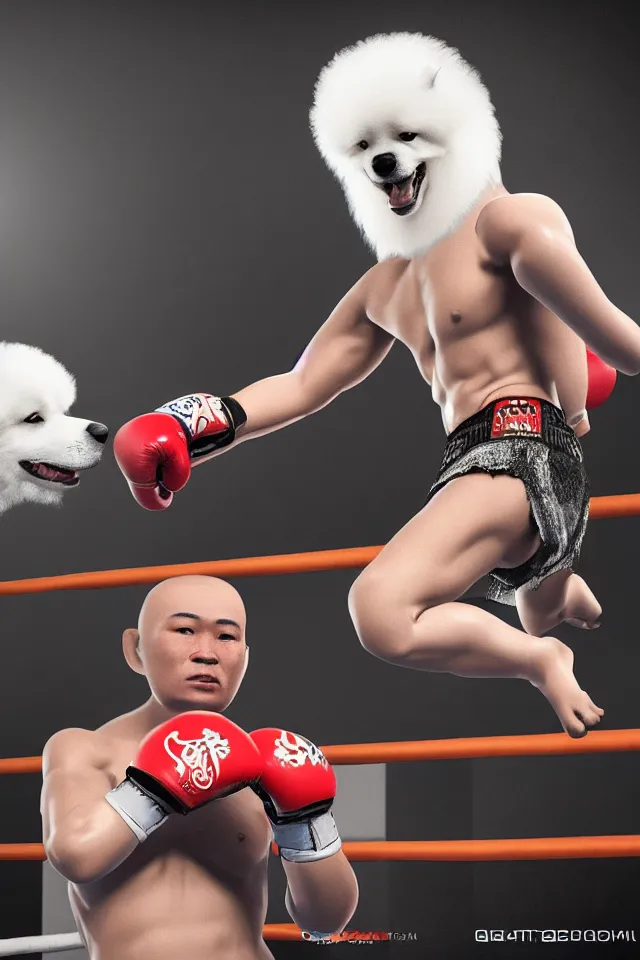 Image similar to samoyed dog head on a human body as a muay thai kickboxer, gloves on hands, Rajadamnern Stadium, world championship fight, photorealistic, cinematic lighting, 4k