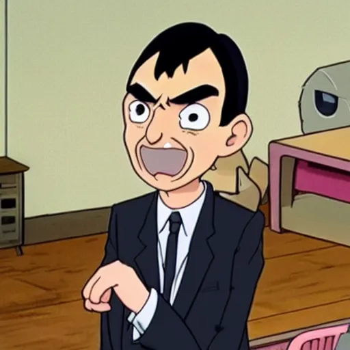 Prompt: A still of Mr Bean in a 2010s anime