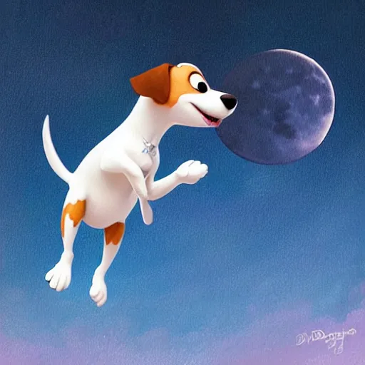 Image similar to cute pixar jack russel terrier, jumping over the smiling moon, concept art, pixar, disney studios, dreamworks animatio, fantasy illustration, artgerm, childrens story book, n
