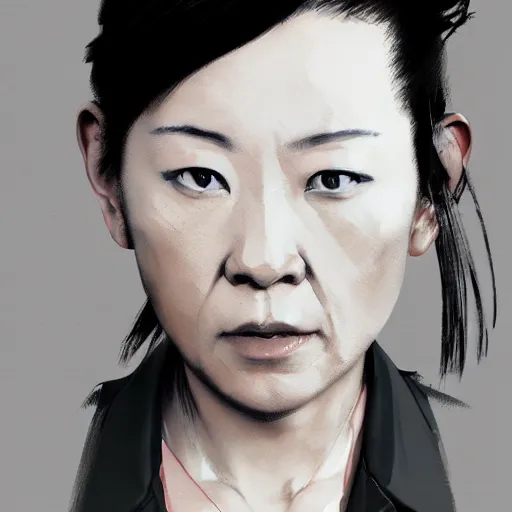 Image similar to portrait of a short muscular middle aged Japanese woman with a short ponytail wearing a gray t shirt and a work apron, dramatic lighting, illustration by Greg rutkowski, yoji shinkawa, 4k, digital art, concept art, trending on artstation