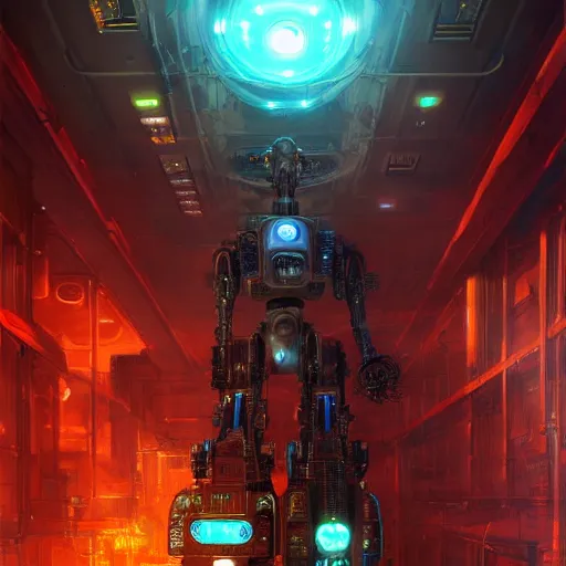 Prompt: a robot, mechanical, intrincate, cinematic lights, wires, volumetric, maximalist, fractal background, mechanical sci fi, horror, the end of the world, cgscociety by marc simonetti and peter mohrbacher