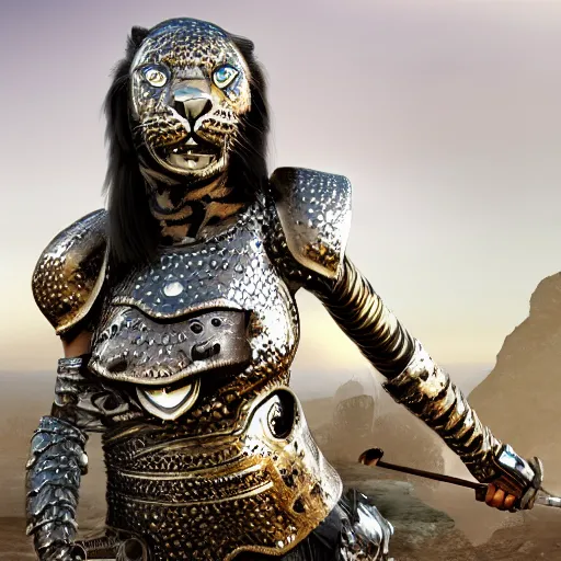 Image similar to female warrior with metal jaguar armour, highly detailed, 4k, HDR, smooth, sharp focus, hyper realistic, high resolution