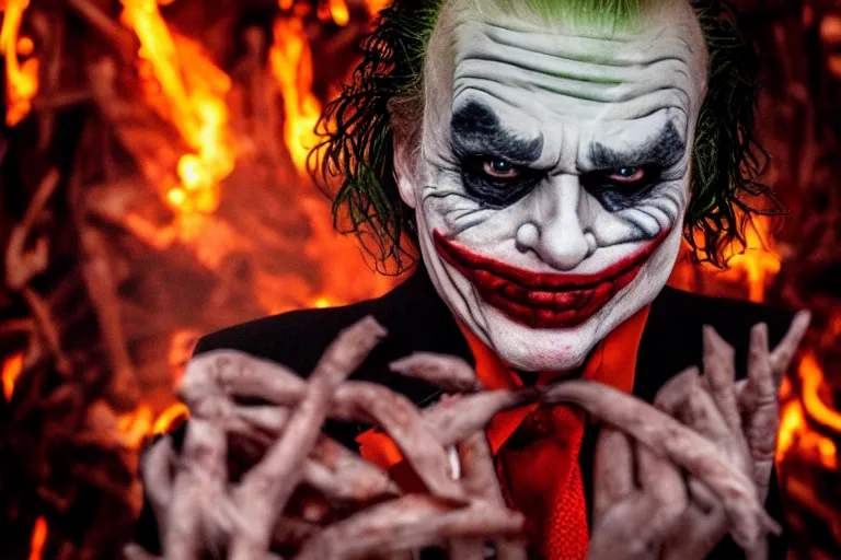 Image similar to donald trump wearing makeup like The Joker, standing in hell surrounded by fire and flames and bones and brimstone, portrait photography, depth of field, bokeh