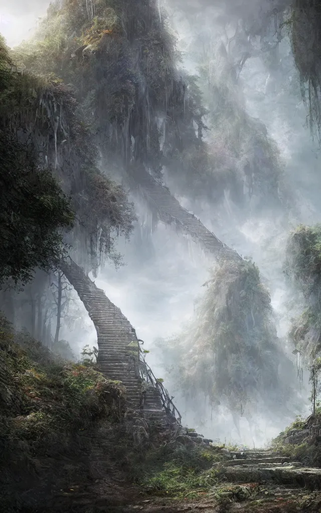 Image similar to the journey of life, each stage is a step in a stairway, detailed, 4 k, octane, a person walking up a set of stairs in the woods, a detailed matte painting by huang ding, cgsociety, fantasy art, mystical, made of mist, matte painting